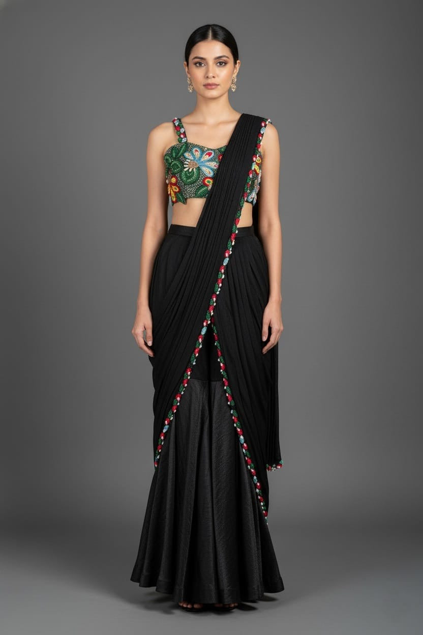 Black Lycra Net Beaded and Cutdana Worked Readymade Saree