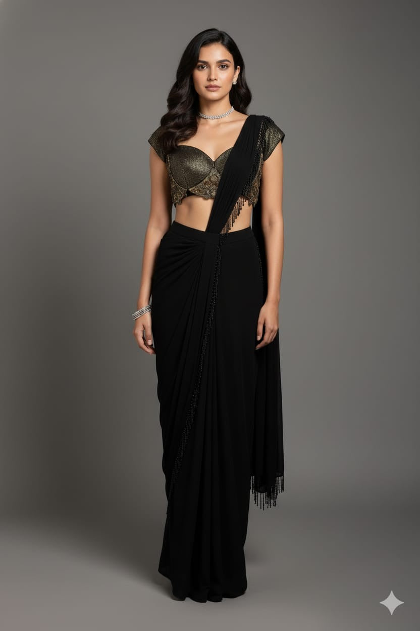 Black Georgette Readymade Saree with Statement Embellished Blouse