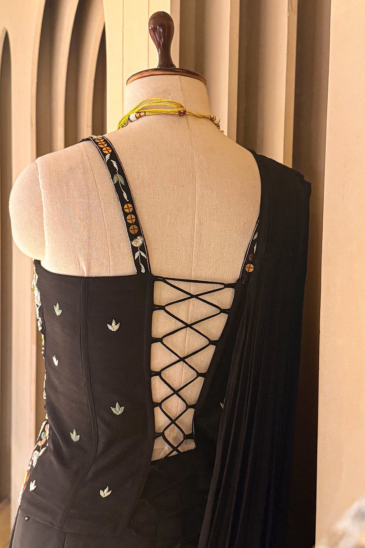 Black Satin Crepe Readymade Saree with Embroidered Sequin Corset