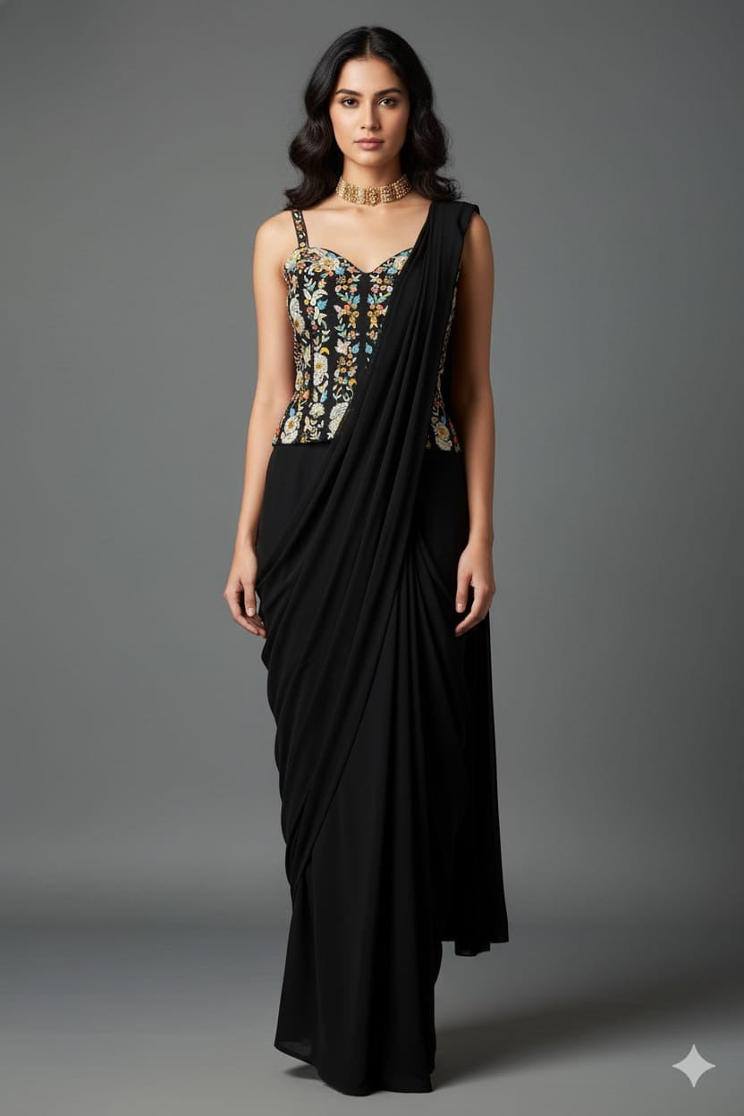 Black Satin Crepe Readymade Saree with Embroidered Sequin Corset