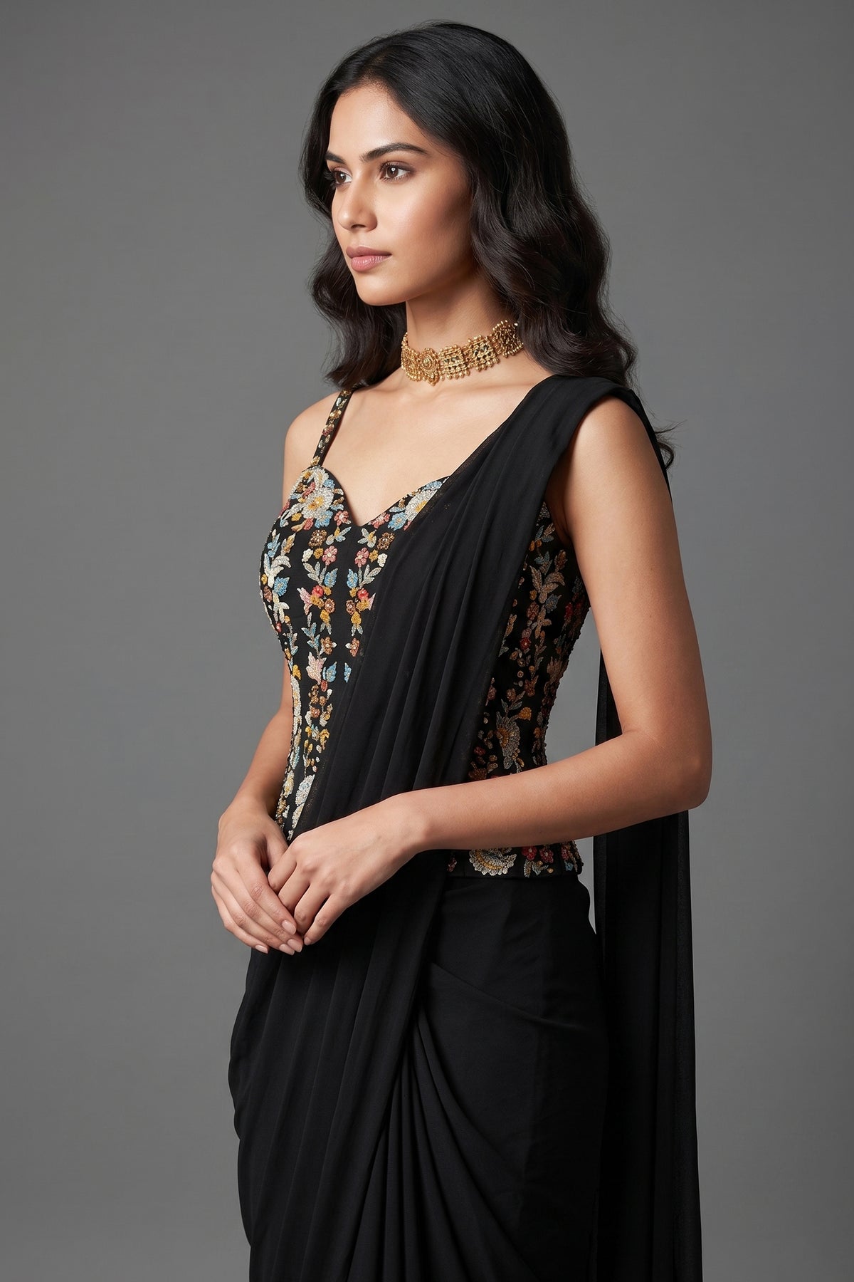 Black Satin Crepe Readymade Saree with Embroidered Sequin Corset
