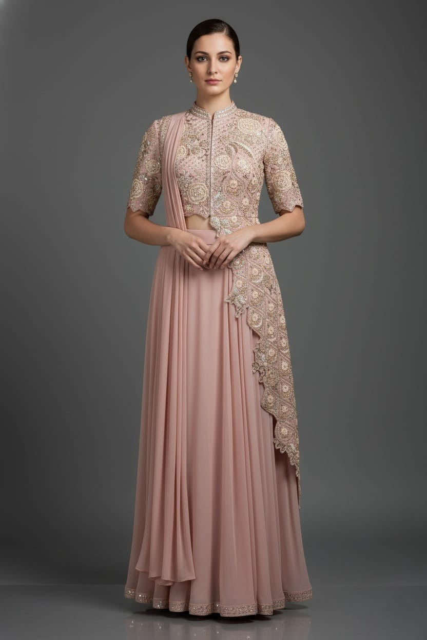 Pink Silk Mirror Cutdana Worked Pre Draped Saree with Asymmetrical Blouse