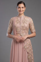 Pink Silk Mirror Cutdana Worked Pre Draped Saree with Asymmetrical Blouse