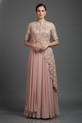 Pink Silk Mirror Cutdana Worked Pre Draped Saree with Asymmetrical Blouse