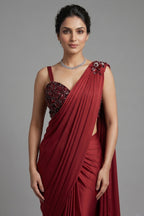 Red Lycra Net Pre Draped Saree with Embellished Blouse