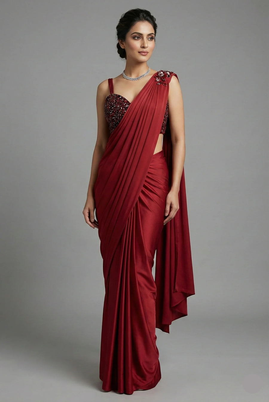 Red Lycra Net Pre Draped Saree with Embellished Blouse