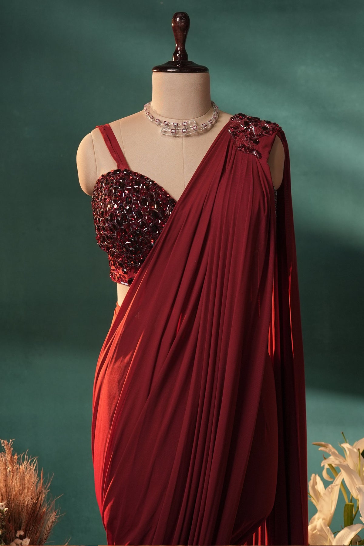 Red Lycra Net Pre Draped Saree with Embellished Blouse