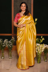 Golden Tissue Silk Woven Saree with Contrast Readymade Patola Blouse