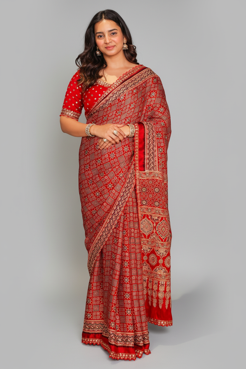 Red Modal Silk Ajrakh Printed Saree with Applique and Readymade Blouse