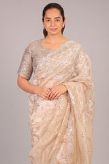 Beige Tissue Organza Gota Patti Worked Saree with Scallop Border