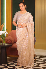 Beige Tissue Organza Gota Patti Worked Saree with Scallop Border