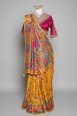 Yellow Dola Silk Pashmina Printed Saree with Cutdana Mirror and Pearl Work