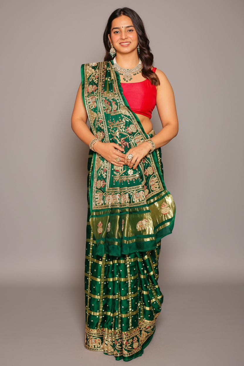 Green Gaji Silk Traditional Gharchola Saree with Zardosi Work