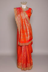Rust Orange Kanchipuram Tissue Traditional Woven Saree with Zardosi and Cutdana Work