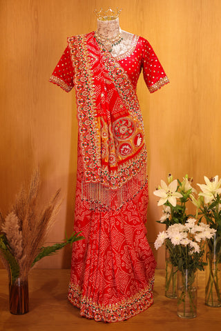 Red Gaji Silk Bandhej Traditional Saree with Handwork and Beaded Frindges Lace