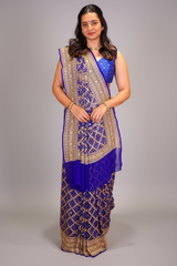 Blue Georgette Traditional Checks Bandhej Saree with Handwork