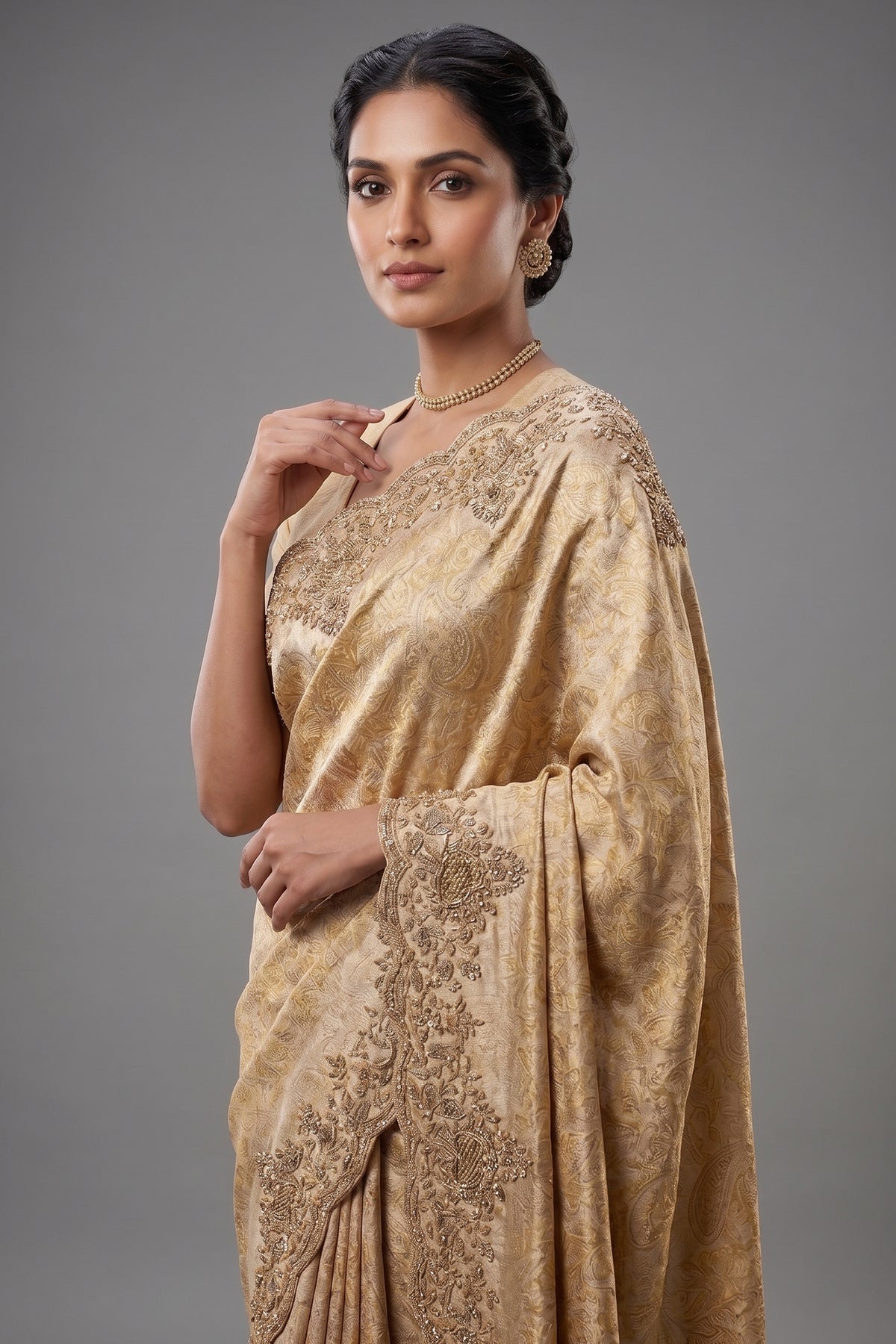 Golden Kanchipuram Tissue Silk traditional All Over Woven Saree with Zardosi Work Border