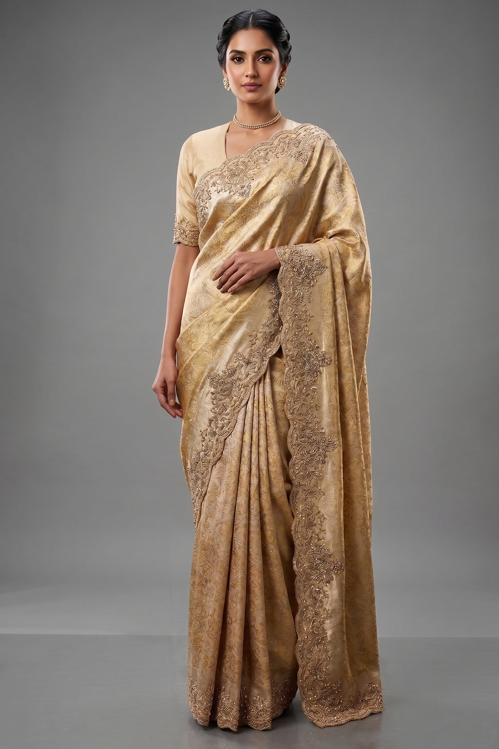 Golden Kanchipuram Tissue Silk traditional All Over Woven Saree with Zardosi Work Border