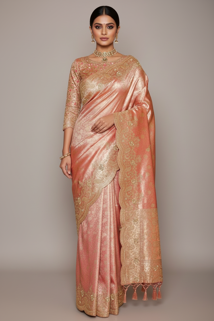 Light Pink Kanchipuram Tissue Traditional Woven Saree with Zardosi Work