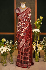Maroon Modal Silk Checks Ajrakh Printed Saree
