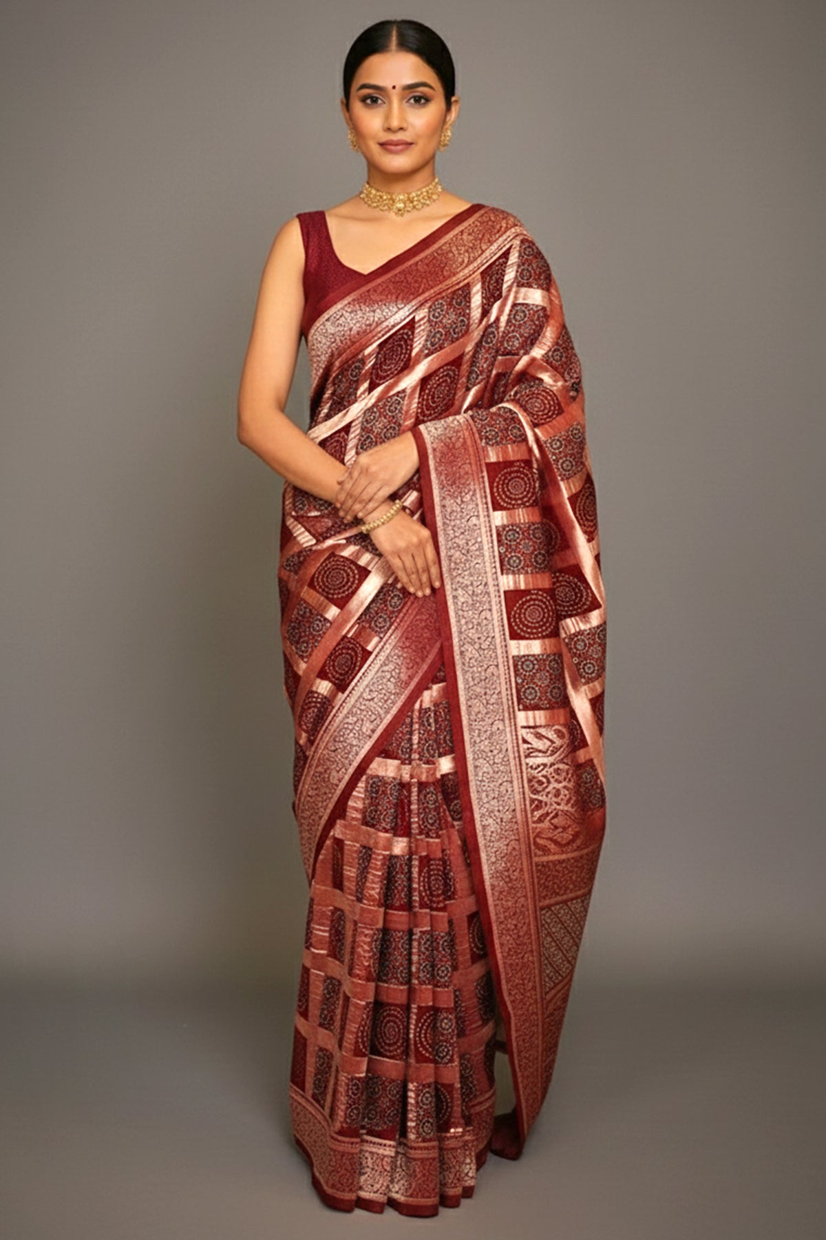 Maroon Modal Silk Checks Ajrakh Printed Saree