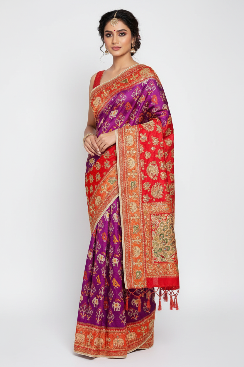 Purple Silk Woven Patola Saree with Handwork Pallu and Border