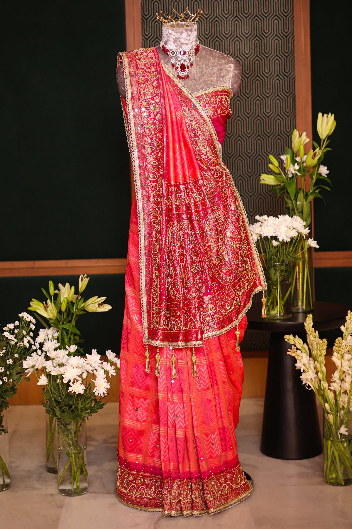 Pink Checks Art Silk Saree with Handworked Border and Pallu