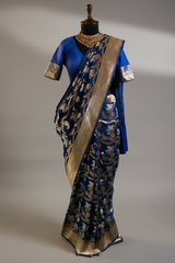 Blue Banarasi Silk Animal Motif All Over Woven Saree
