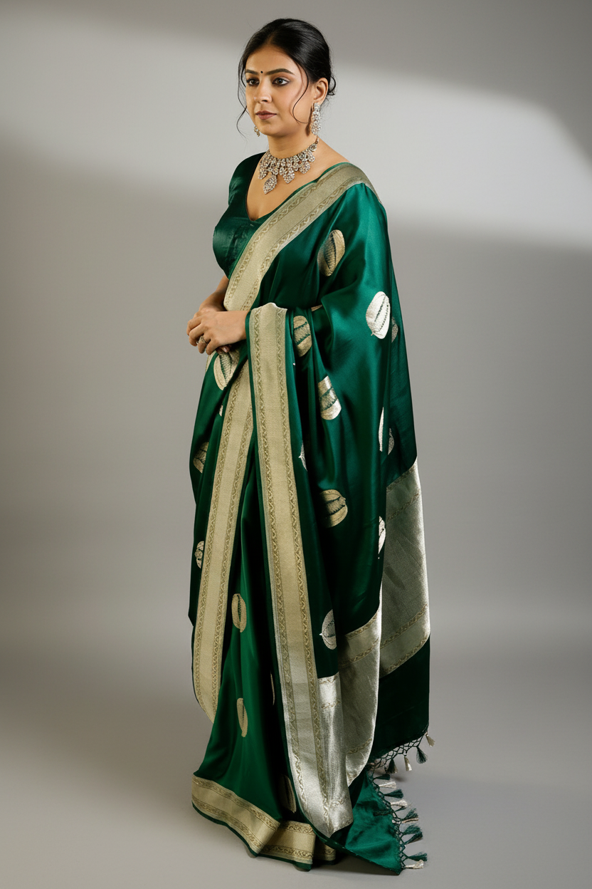 Bottle Green Mango Silk Woven Saree Contrast Border and Pallu
