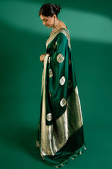 Bottle Green Mango Silk Woven Saree Contrast Border and Pallu