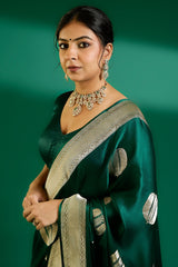 Bottle Green Mango Silk Woven Saree Contrast Border and Pallu