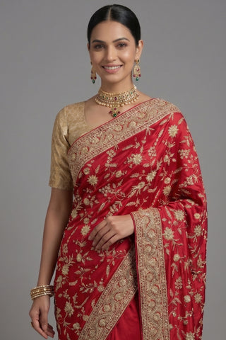 Pink Satin Silk Designer Zardosi and Sequin Worked Saree