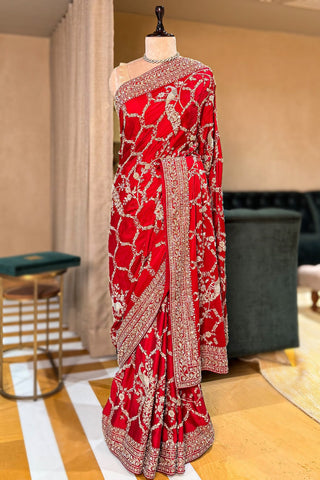 Red Satin Silk Designer Saree with Zardosi and Sequin Work