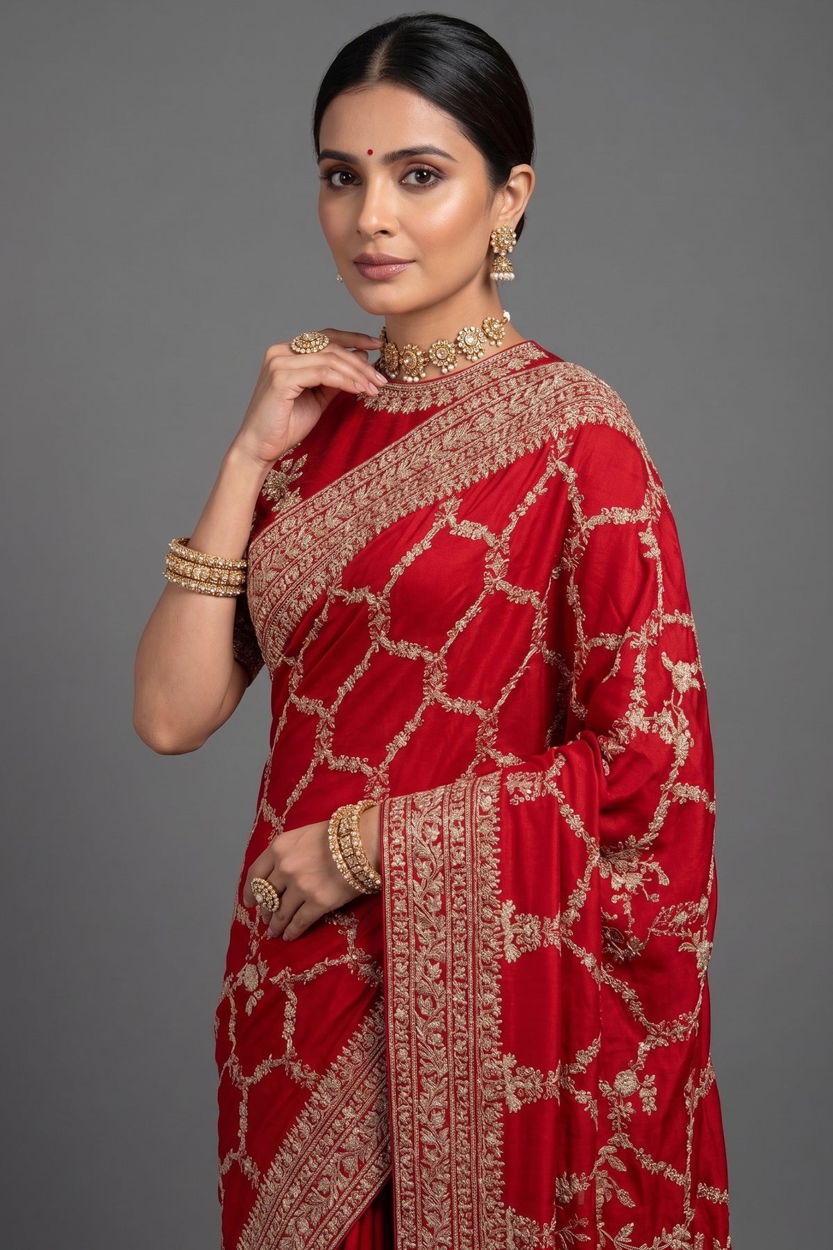 Red Satin Silk Designer Saree with Zardosi and Sequin Work