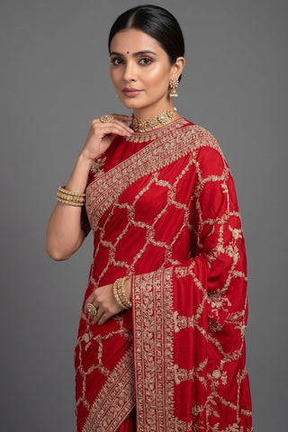 Red Satin Silk Designer Saree with Zardosi and Sequin Work