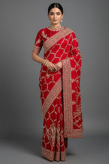 Red Satin Silk Designer Saree with Zardosi and Sequin Work