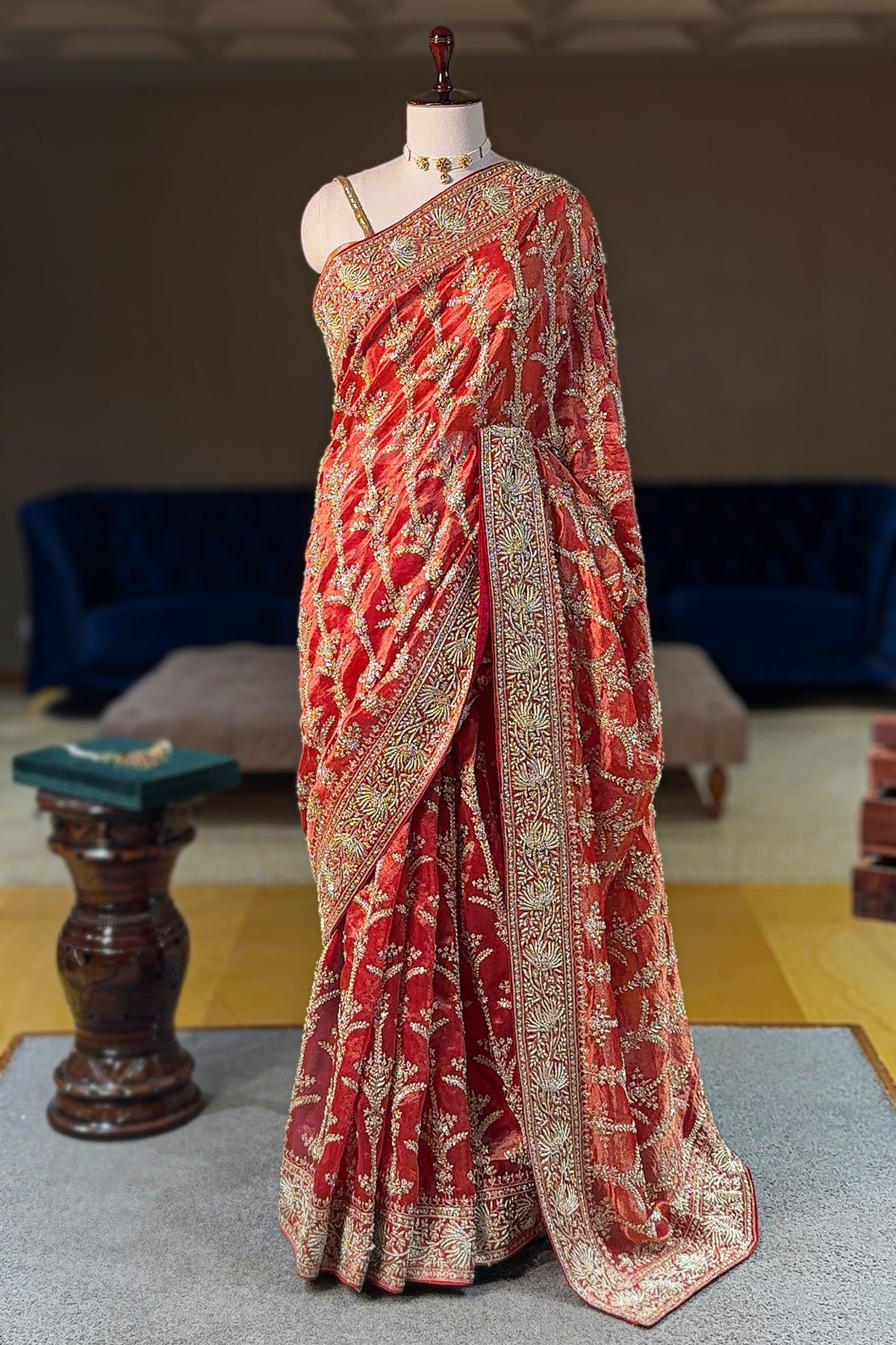 Rust Orange Organza Zardosi Worked Designer Saree