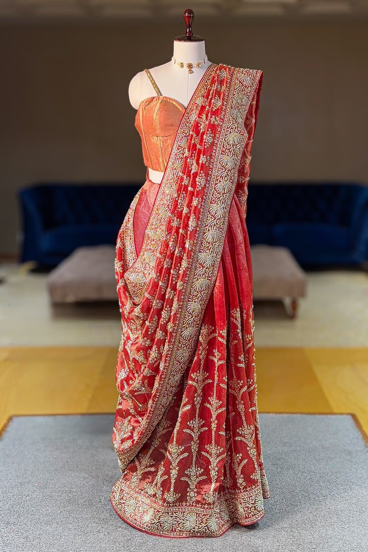 Rust Orange Organza Zardosi Worked Designer Saree