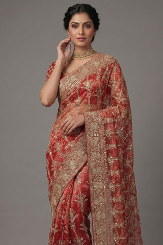 Rust Orange Organza Zardosi Worked Designer Saree