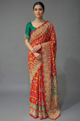 Red Cotton Silk Traditional Bandhej Saree with Beads and Zardosi Work