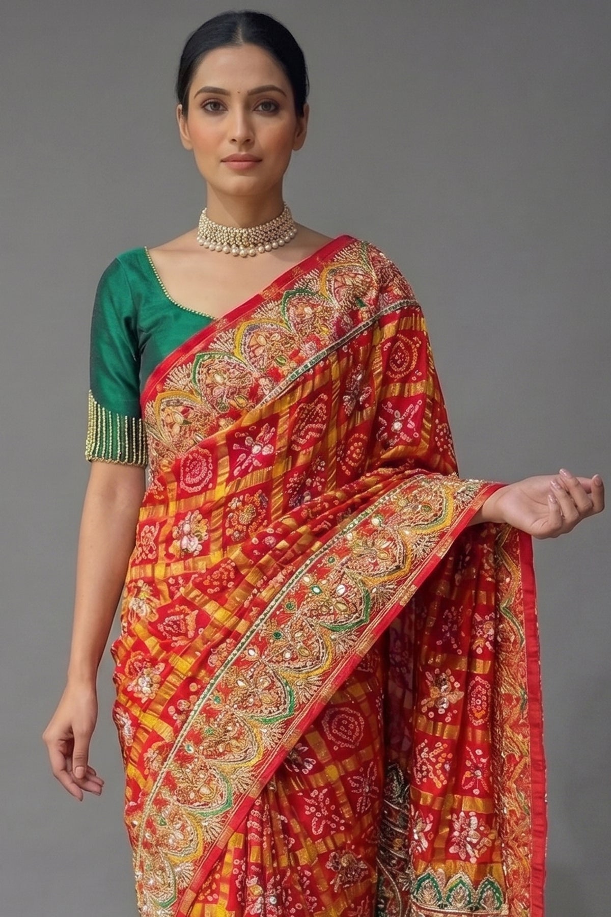 Red Cotton Silk Traditional Bandhej Saree with Beads and Zardosi Work