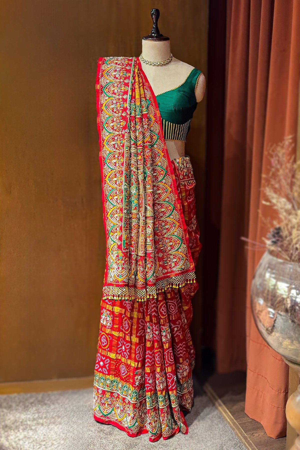 Red Cotton Silk Traditional Bandhej Saree with Beads and Zardosi Work