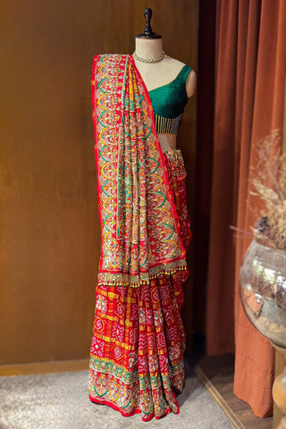 Red Cotton Silk Traditional Bandhej Saree with Beads and Zardosi Work