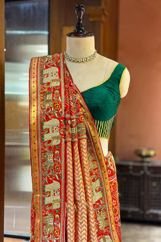 Red Silk Traditional Patola Saree with Handworked Elephant Motif Border