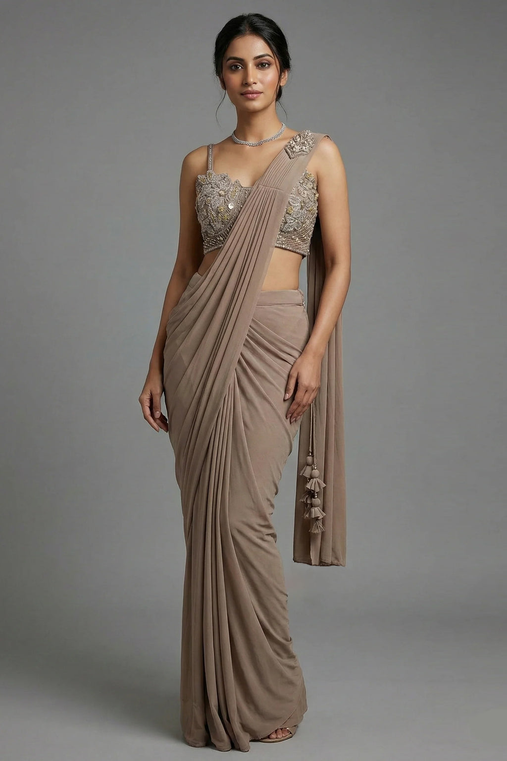 Taupe Pre-Draped Saree with Embellished Blouse