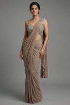 Taupe Pre-Draped Saree with Embellished Blouse
