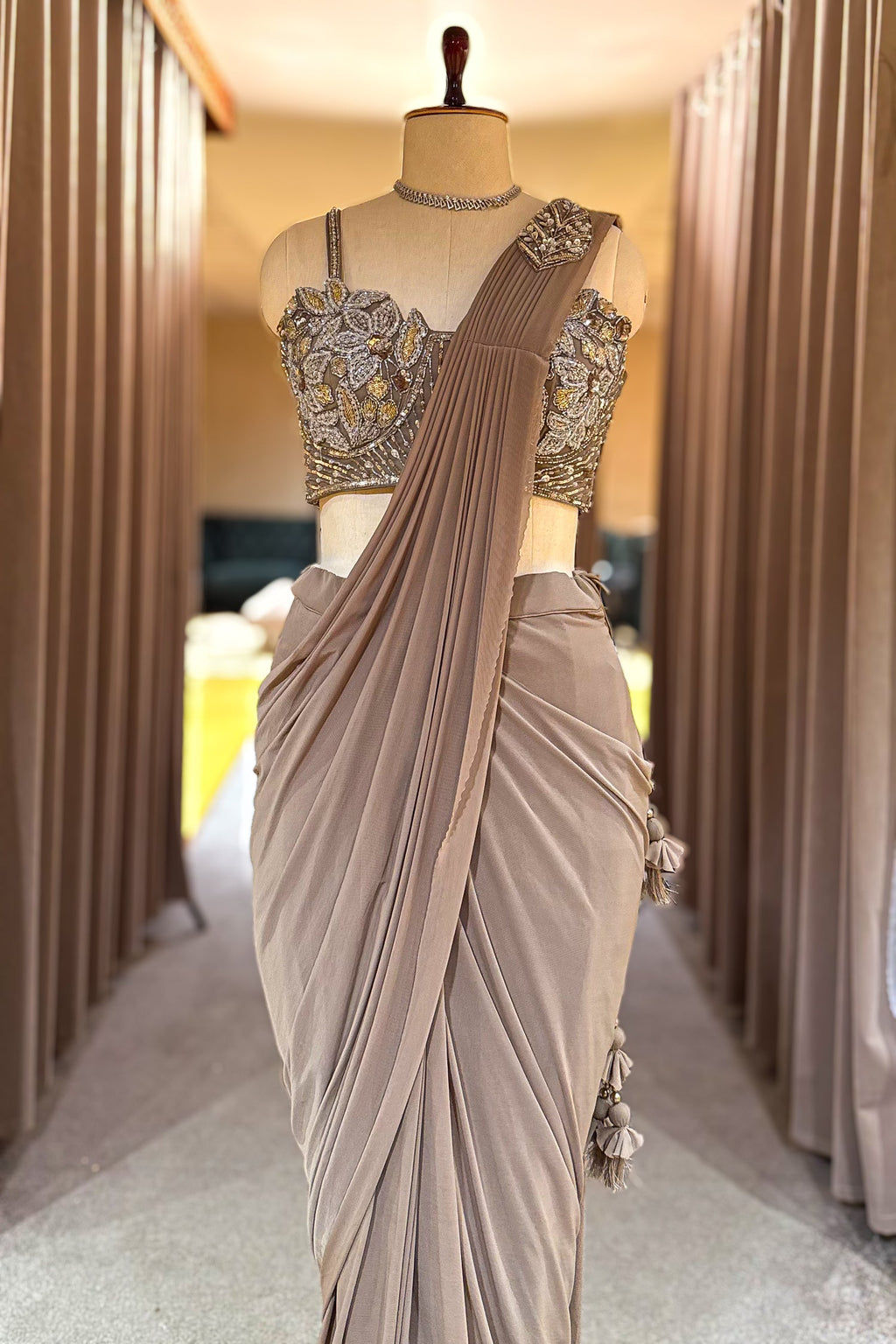 Taupe Pre-Draped Saree with Embellished Blouse