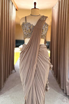 Taupe Pre-Draped Saree with Embellished Blouse