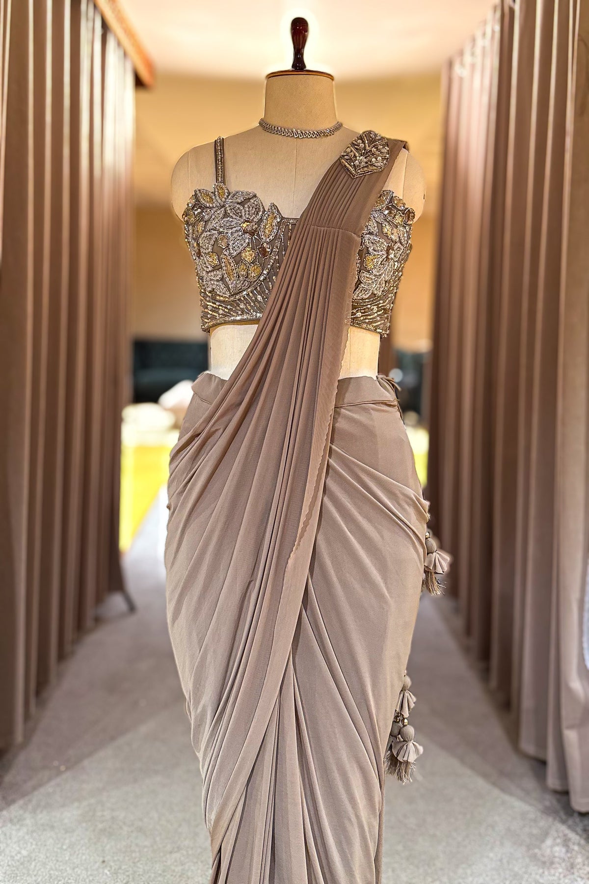 Taupe Pre-Draped Saree with Embellished Blouse