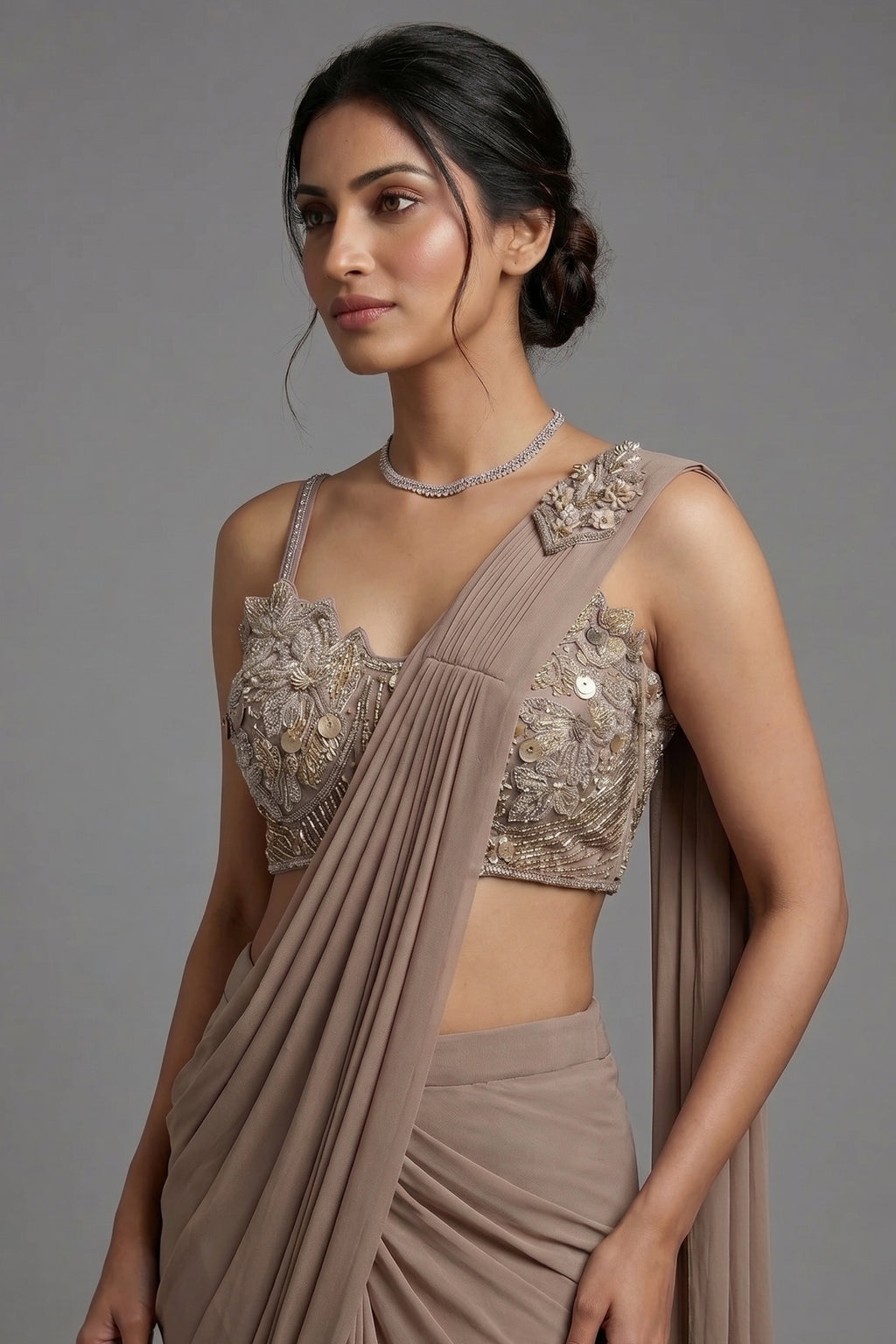 Taupe Pre-Draped Saree with Embellished Blouse